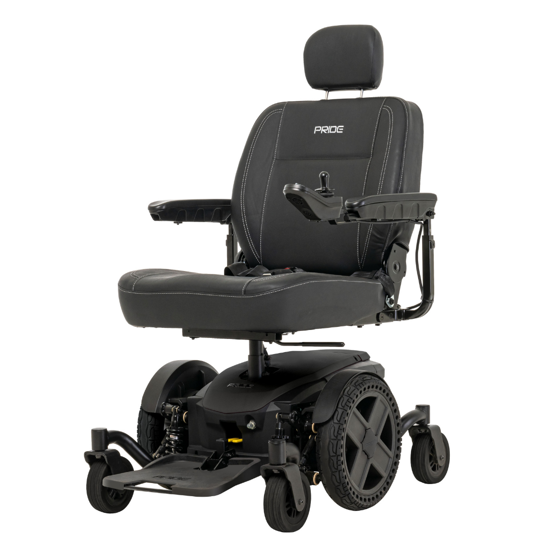 The Pride Mobility Jazzy® EVO 614 HD Bariatric Powerchair with ATX Suspension is a black, modern heavy-duty wheelchair featuring a padded seat, headrest, right-arm joystick control, and large rear wheels for stability and performance.